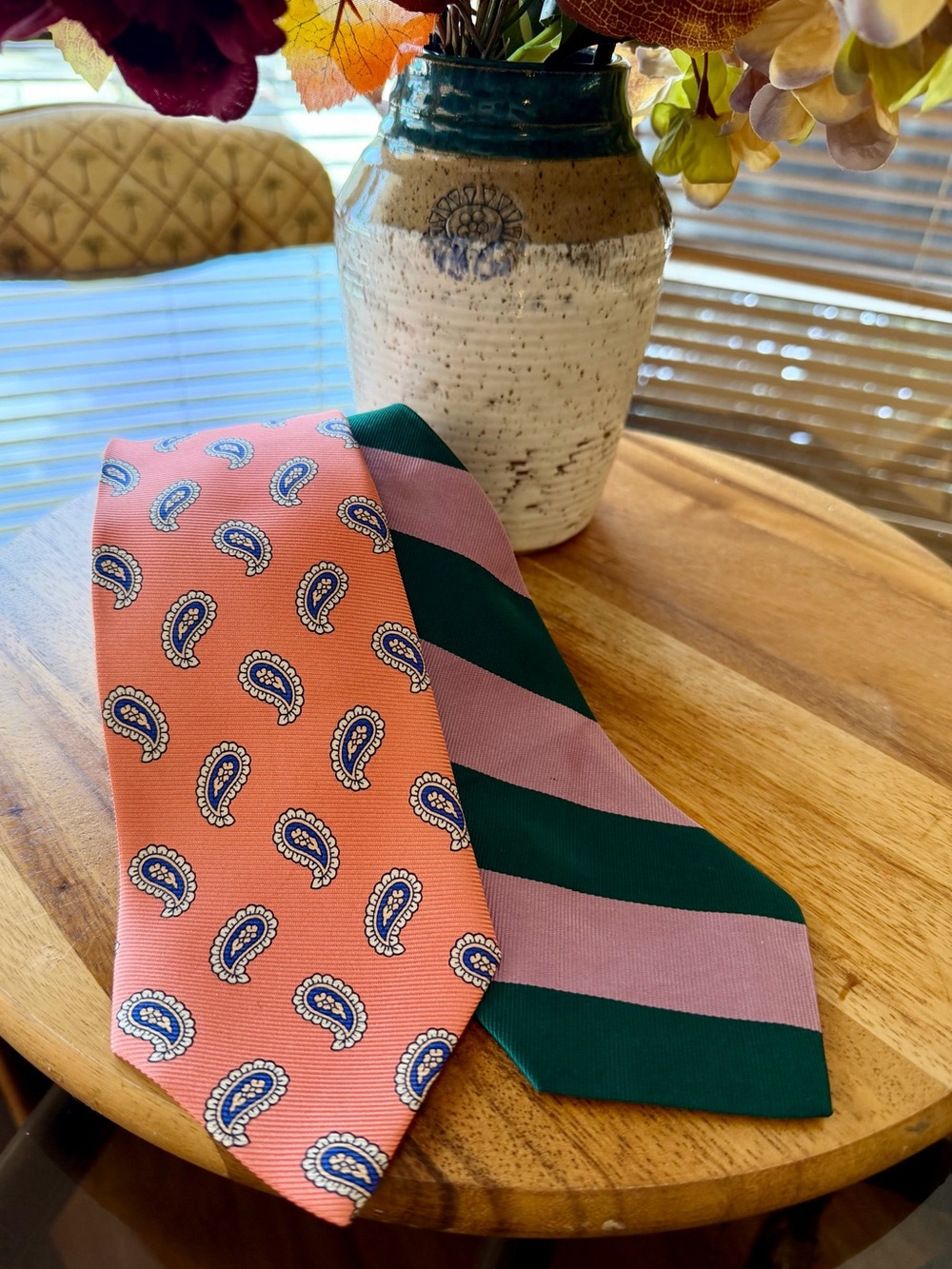 Men's Vintage Polo Ralph Lauren Coral Paisley & Green Stripe Silk Ties 3.5”